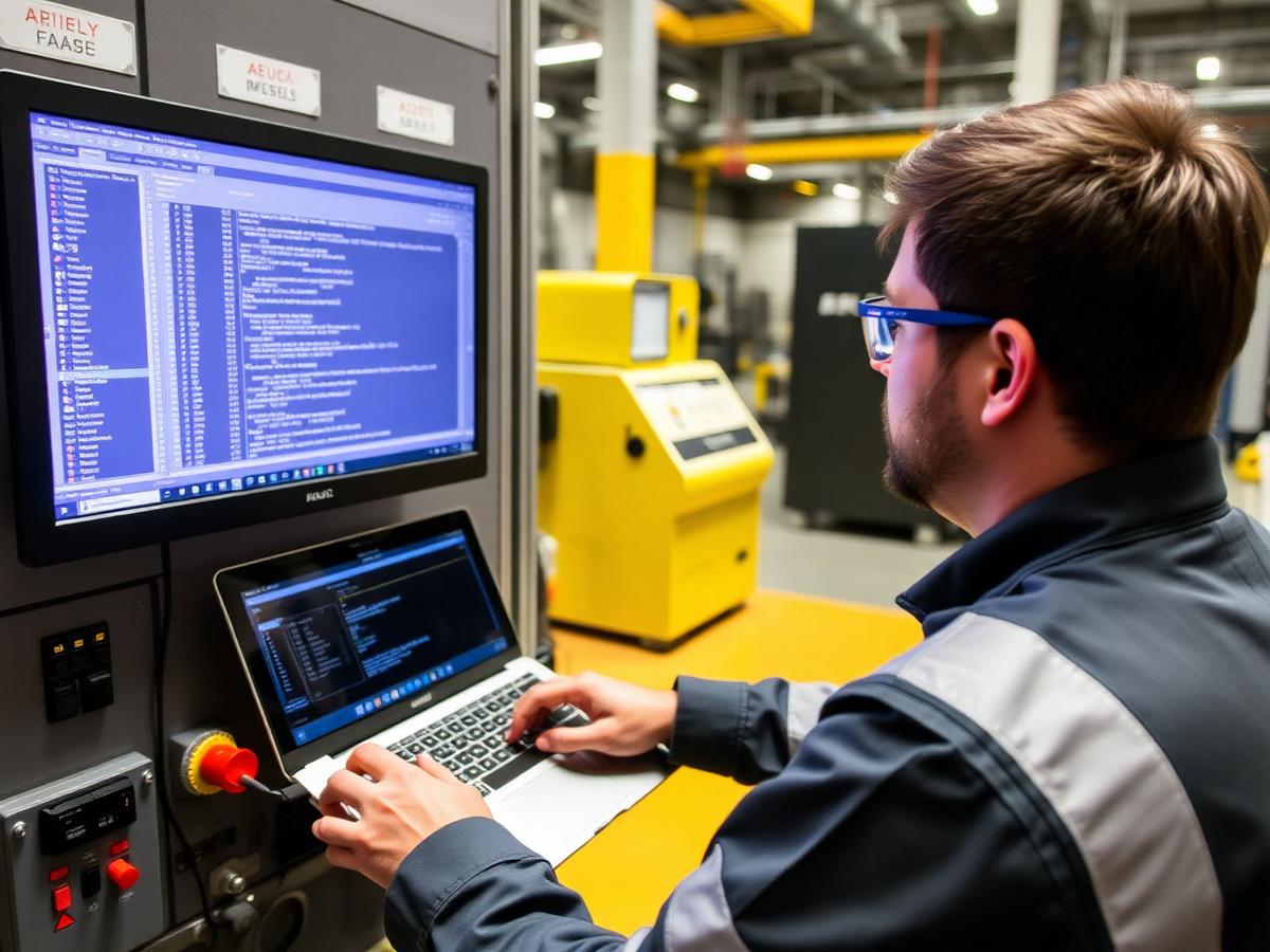 Técnico programando painel de automação com notebook